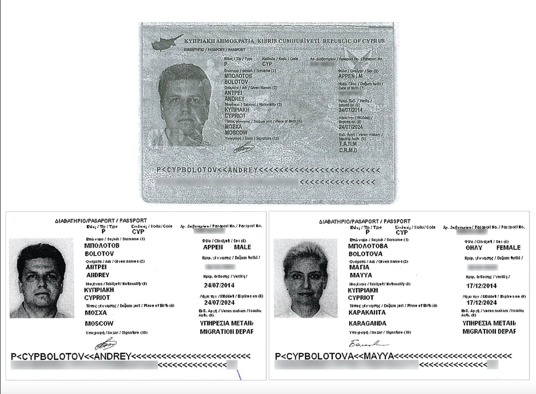 Andrey Bolotov and his ex-wife's Cypriot passports.